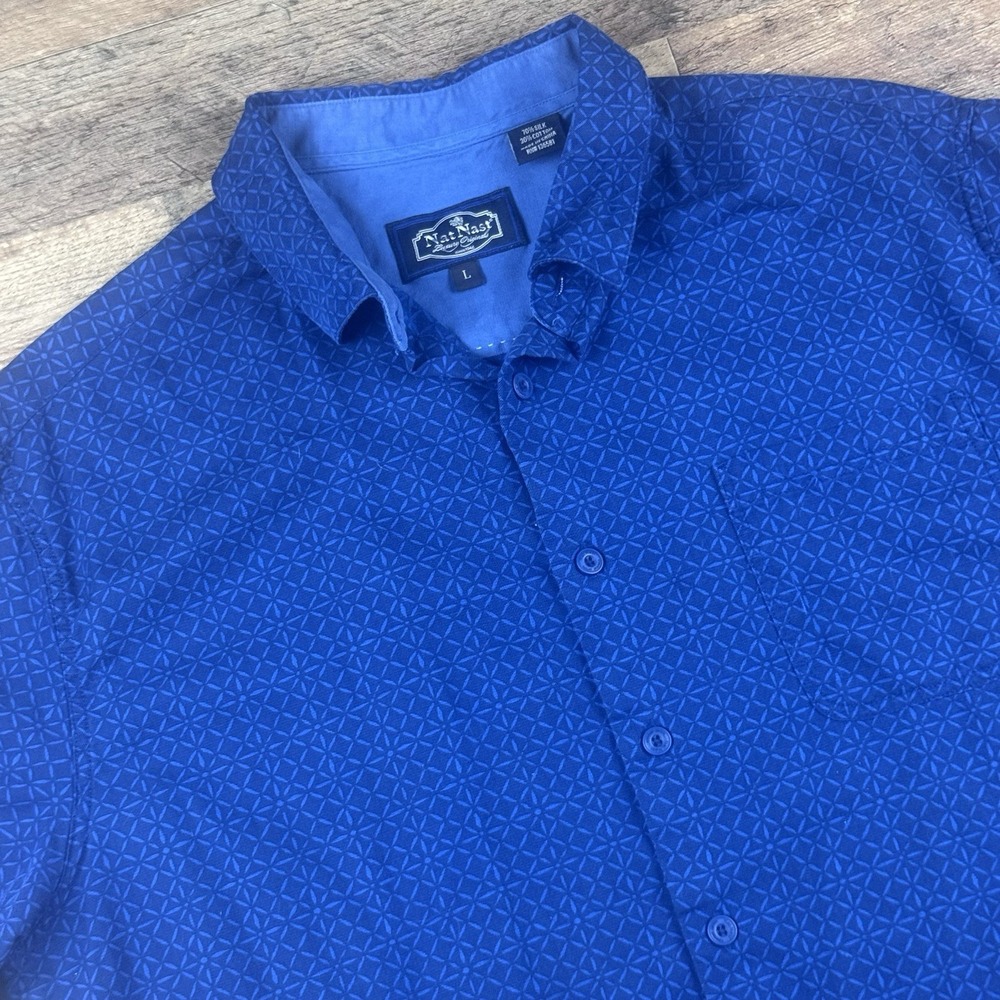 NAT NAST LUXURY ORIGINALS Mens Casual Button Up Shirt Size L Blue Silk Cotton